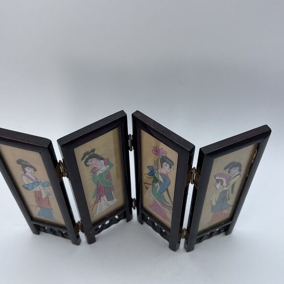 Vtg Asian Miniature Oriental 4 Panel Tabletop ScreenGeisha Insect Garden 7" - Picture 4 of 10